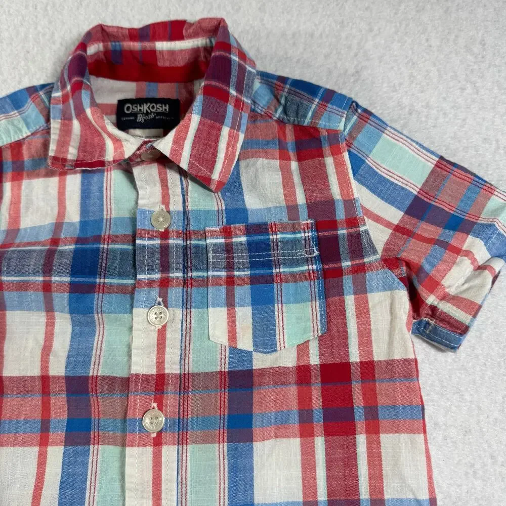 OshKosh B'gosh 2T Red White & Blue Button Up Short Sleeve Shirt Patriotic 4th